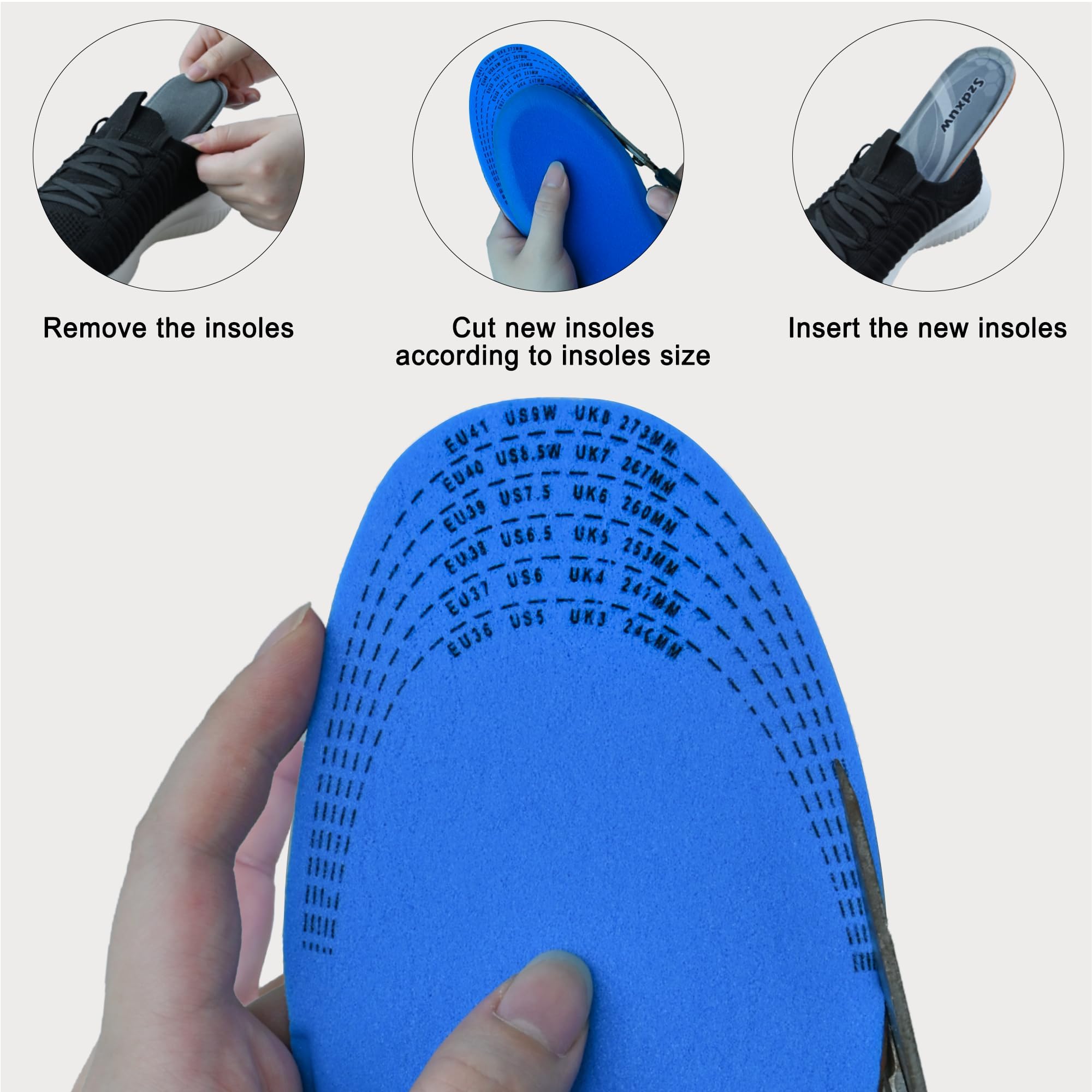 Szdxuw Solette in Memory Foam Uomo Donna, Inserti per Scarpe Regolabile alla Misura Comfort Assorbimento Traspirante degli urti Imbottitura per il Supporto del Piede Suole Interne, Donna Grigio
