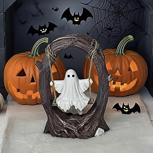 Swinging Ghost on Tree Swing, Cute Swinging Ghost Halloween Figurine