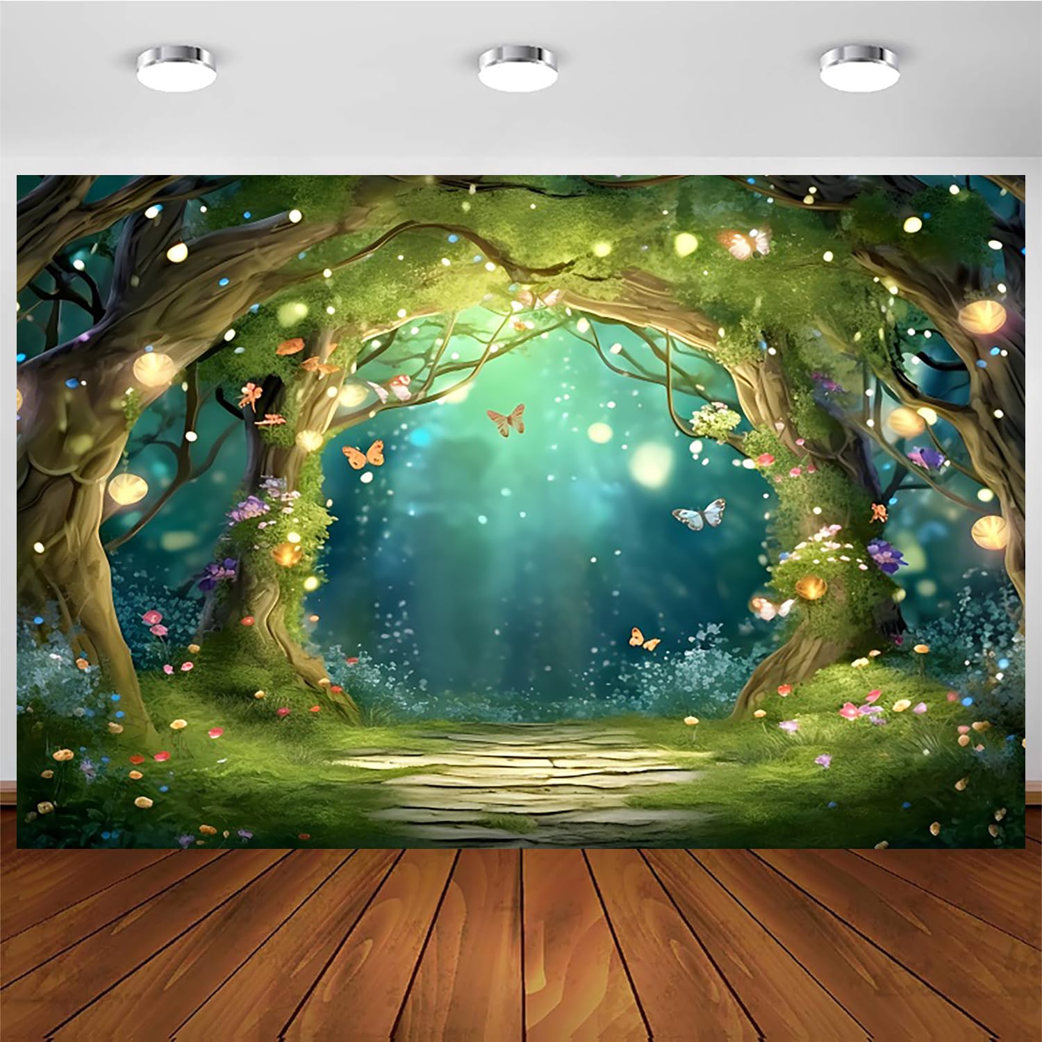 2.7x1.8m Toile de Fond Foret enchantée Fantaisie Pays des Merveilles Forêt Papillon Fleurs Arbre Photographie Fond Princesse Fête d'anniversaire Nouveau-né Bébé Shower Décorations