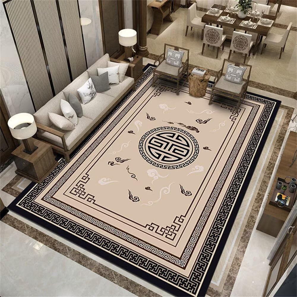 Tapis sablonneux noir 180x200cm rectangle aux grands motifs de fleurs orientales de style