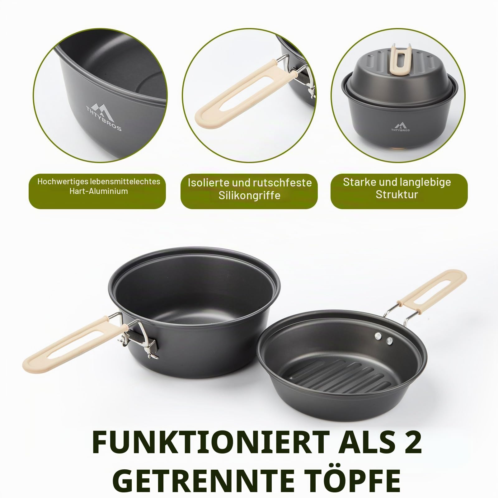 THTYBROS 17-teiliges Camping-Kochgeschirr-Set, 1,2 l Topf, 17,8 cm Pfanne, 0,3 l Wasserkocher-Set mit 2 Edelstahlbechern, Tellern, Gabeln, Messern, Löffeln zum Wandern
