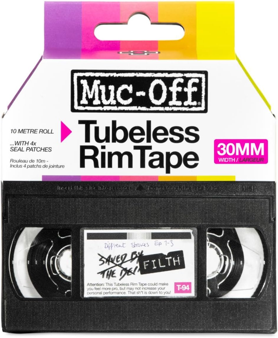 Muc-Off Tubeless Rim Tape, 30mm - Pressure-Sensitive Adhesive Rim Tape For Tubeless Bike Tyre Setups - 10 Metre Roll With 4 Seal Patches