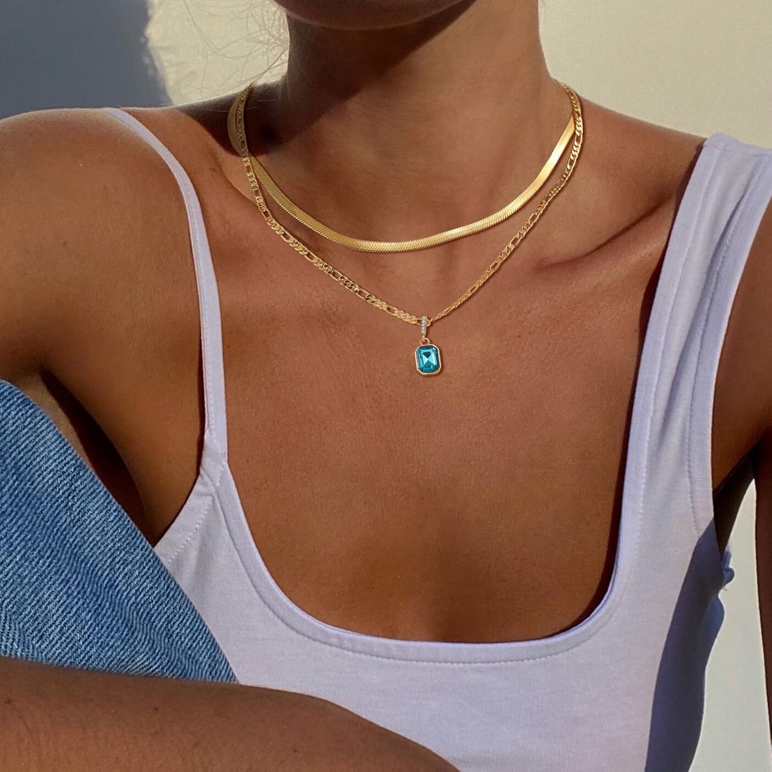 ACECHA Gold Layered Necklaces for Women, 18K Gold Plated Emerald Pendant Rectangle Necklaces for Teen, Layering Choker Necklace Jewelry Gifts - Image 3