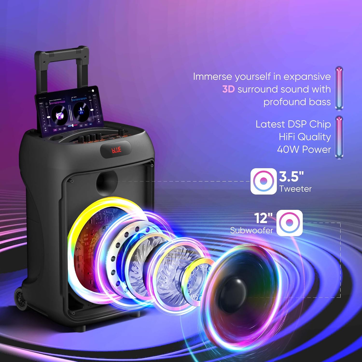 Karaoke Machine for Adults with 2 Microphones(1 Wired & 1 Wireless), Hukkmela Portable Bluetooth Speaker with Microphone, Bass/Treble Adjustment, TWS Mode, PA System, LED Lights for Home Party