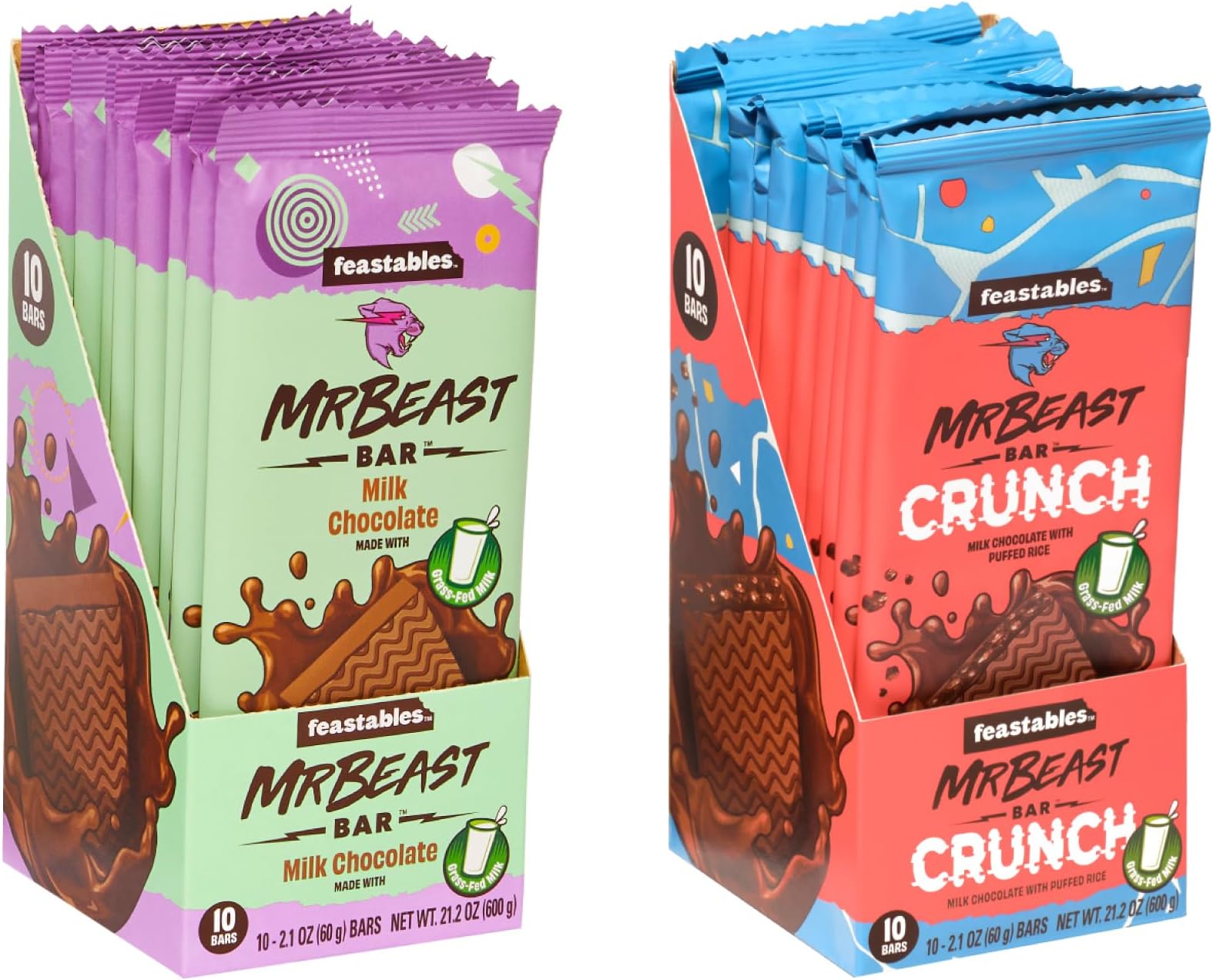 Feastables Milk Chocolate Bars Bundle - Milk Chocolate Crunch and Milk Chocolate - Made with Grass-Fed Milk Chocolate and Organic Cocoa, Simple Ingredients (10 Count, Pack of 2)