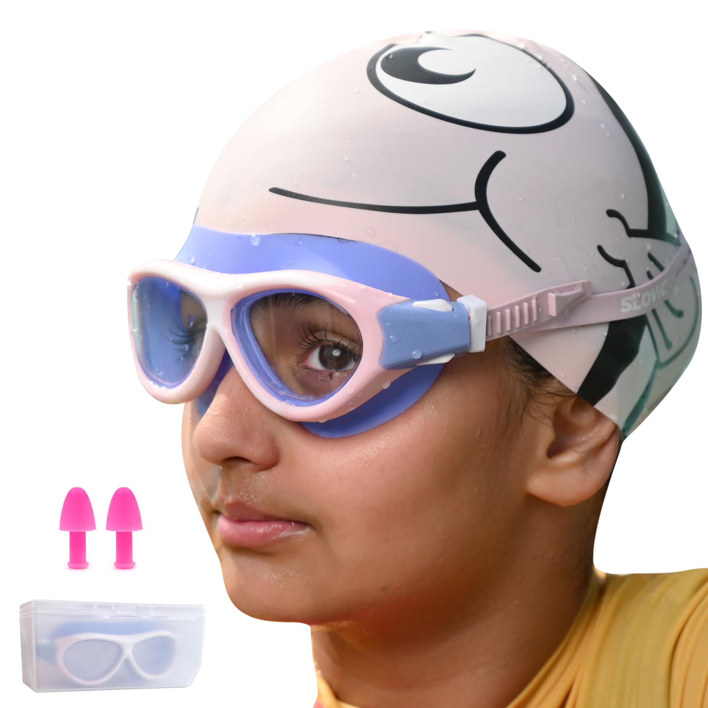 SLOVIC Pink Swimming Goggles for Kids with Ear Plugs | Waterproof | UV Protection Lenses, Anti-Fog Glasses | Perfect Fit for Boys & Girl | Swimming Goggle for Kids 6-14 | Swimming Gear for Kids | (B0CBQH93CH) Amazon Price History, Amazon Price Tracker