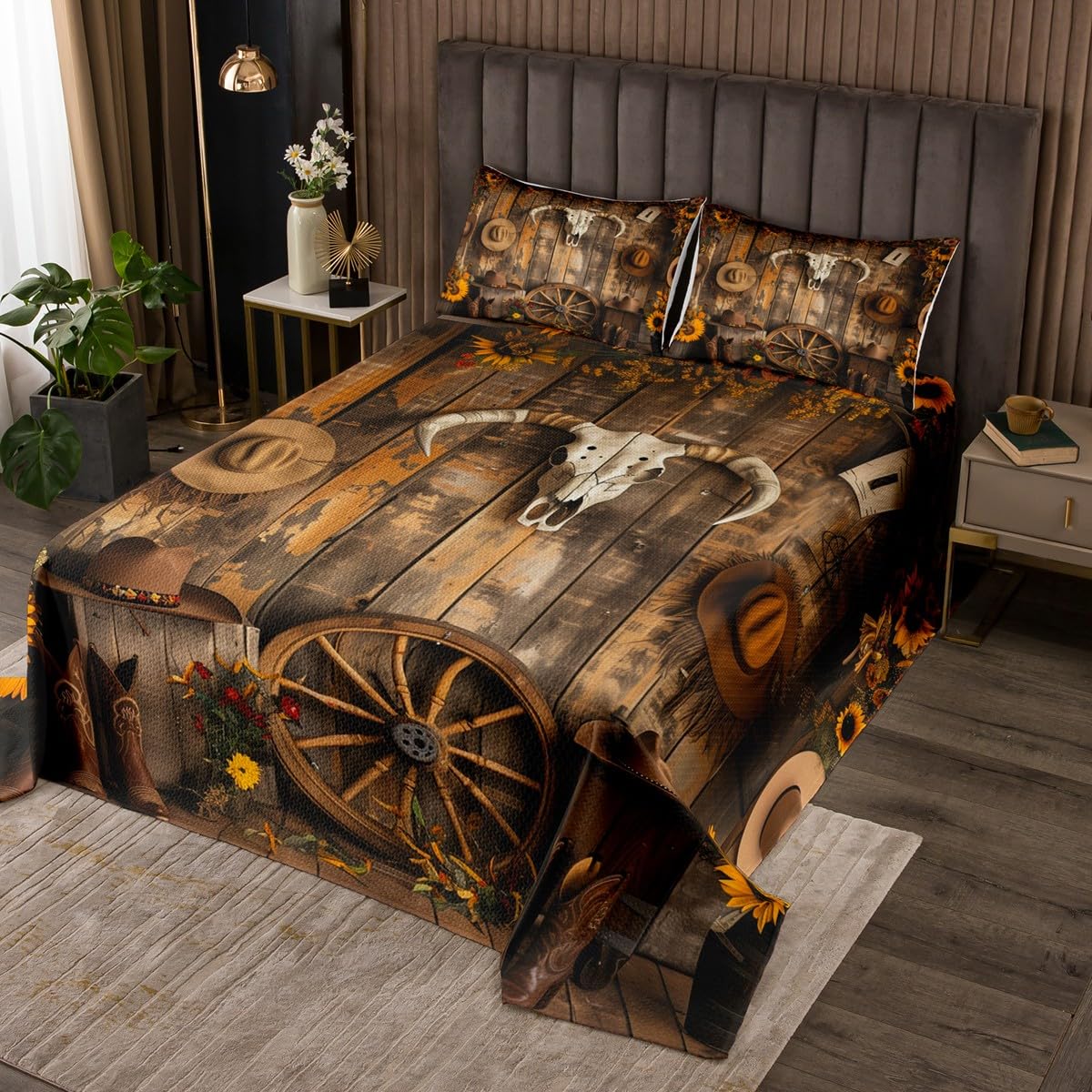 Manfei Western Bedspread Twin Size, Bull Skull Cowboy Hat Boot Wheel Coverlet Set 2pcs, Yellow Sunflower Retro Wooden Plank Quilted Coverlet with 1 Pillowcase, Kids Boy Girls Room Decor