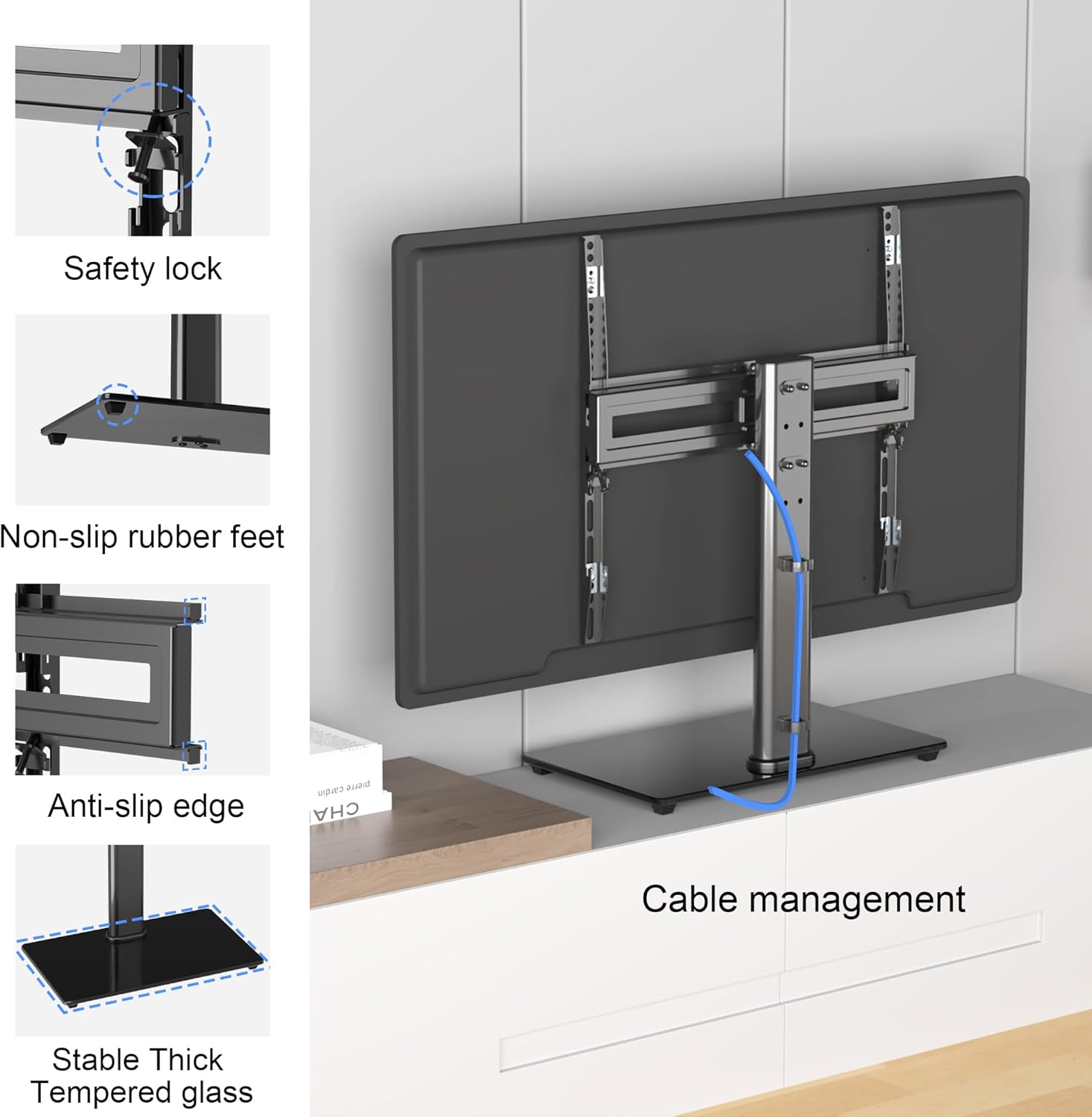 suptek Universal Swivel Table Top TV Stand for 26-55 inch LED OLED Flat Curved Screens, Height Adjustable TV Mount Stand with Glass Base Hold up to 99lbs, Max VESA 400x400mm,TS202