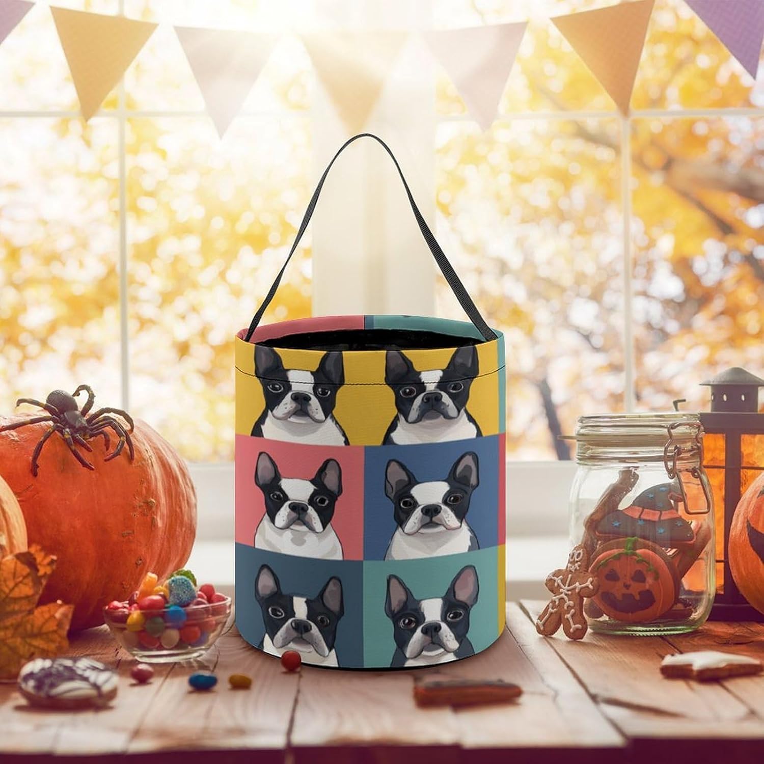 Boston Terrier Puppies Halloween Treat Bag Reusable Candy Basket Tote Goody Bags Gift Party