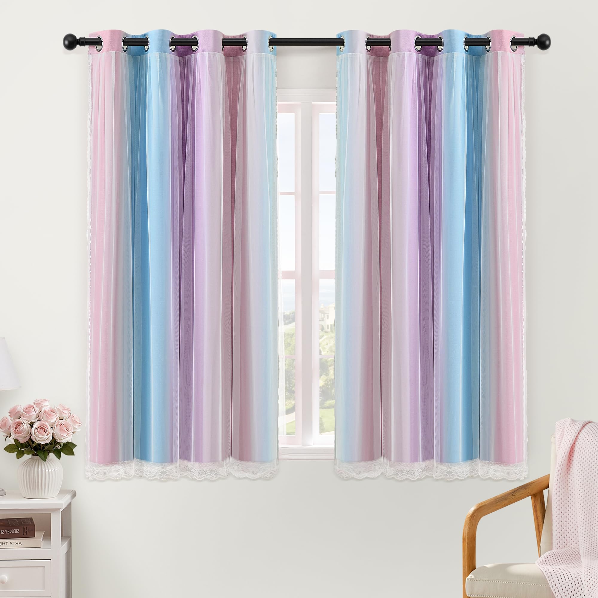 Blackout Curtains with Sheer Overlay for Girls Bedroom 2 Panels 63 Inches Long Double Layer Rainbow Pink Purple Curtains for Nursery Kids Room Unicorn Princess Home Decor Grommet Drapes BlcPiBlPur3463 — image 1