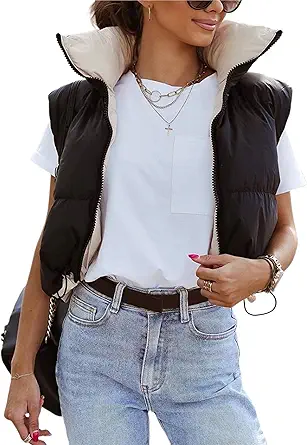 UANEO Cropped Puffer Vest Women Zip Up Stand Collar Sleeveless Padded Crop Puffy Vests
