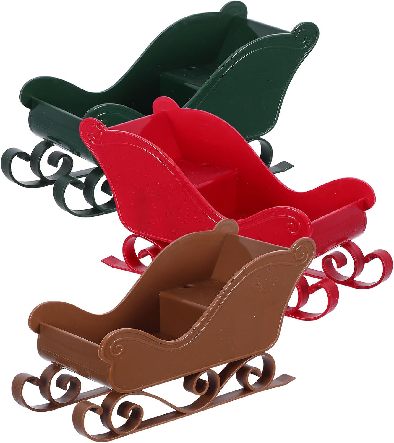 LUOZZY 3 Pcs Mini Christmas Sleigh Ornaments for Tabletop Decor with Red Green Brown Sled Figurines