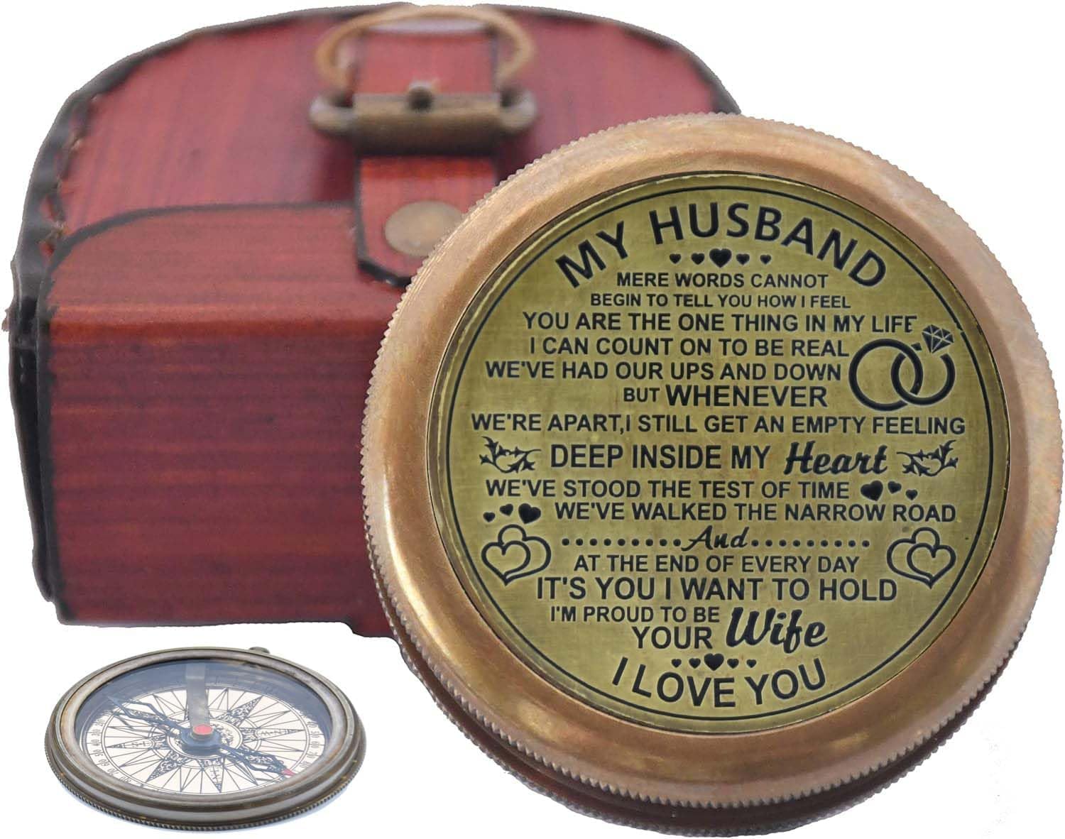 Royalmart Engraved Compass Gift for Men Personalized with Wooden Box Handmade Antique Brass Compass Keepsake Gifts for Husband Navigation Graduation Gift for Women (to My Husband #8)
