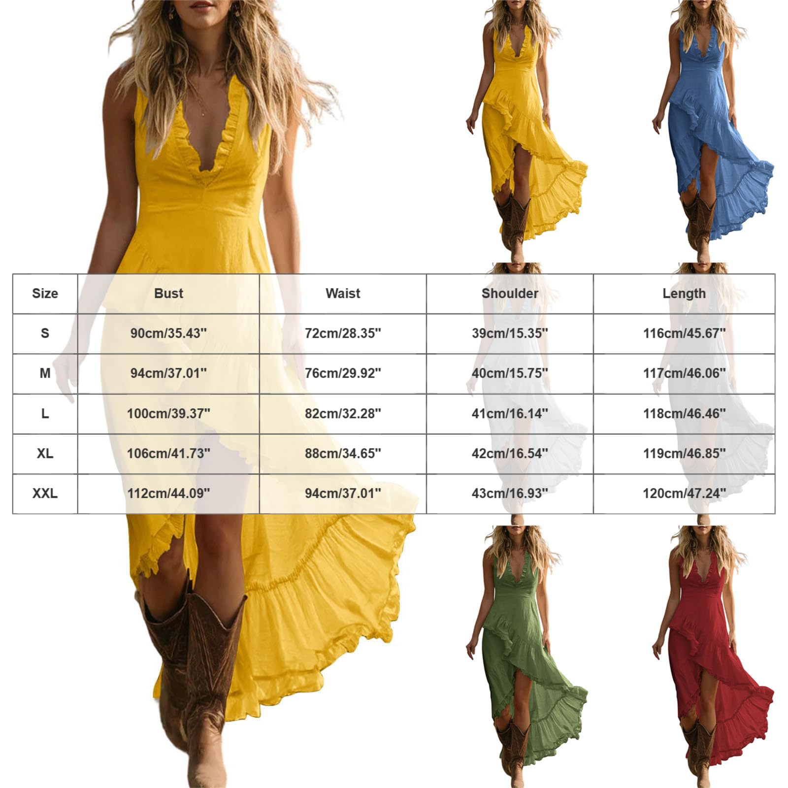 Vestidos Verano Mujer sin Mangas Vestidos Casual Cuello En V Profundo Dobladillo con Volantes Lino Vestido Largo Asimétrico Transpirable Ligero Boho Fiesta Playa Vacaciones