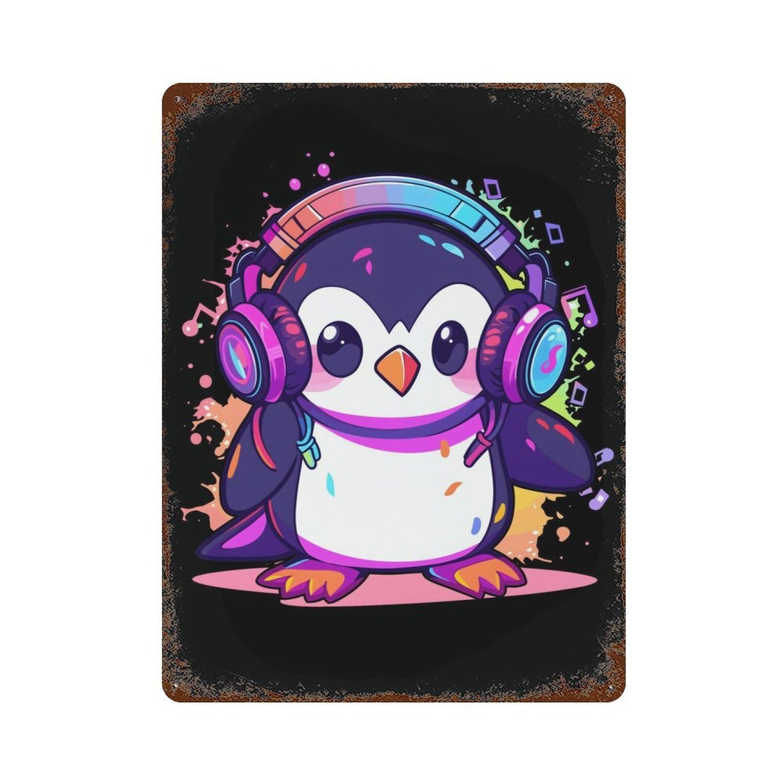Cool Penguin Headphones 15.7"x11.8" Aged Metal Wall Plaque, Novelty Wall Decor for Shed, Workshop And Garage Wall Decor