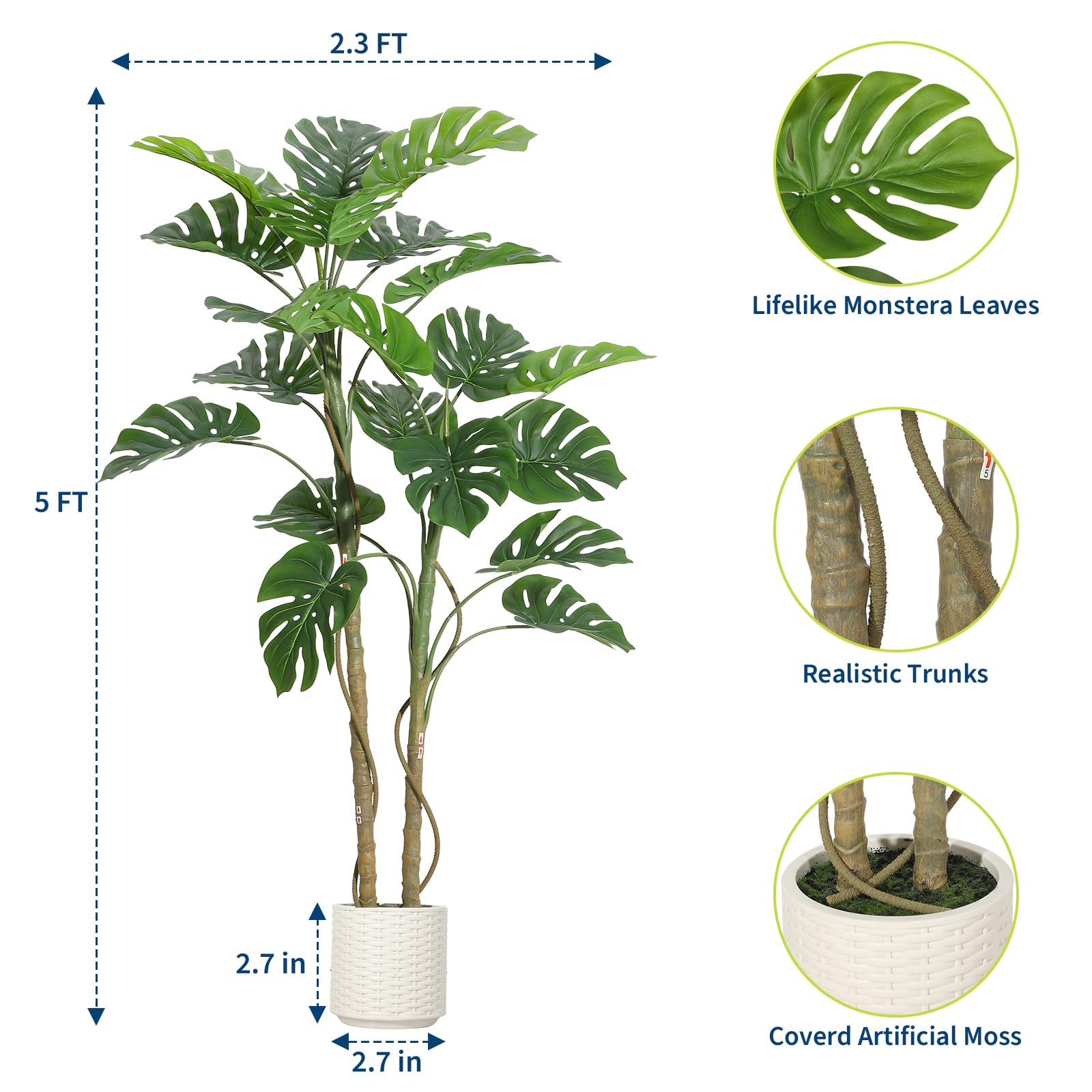 GarveeHome 150 cm grande monstera artificiale realistica, pianta da interno con vaso, muschio, multi ramo e fogliame, senza manutenzione, albero artificiale decorativo per soggiorno, ufficio, balcone