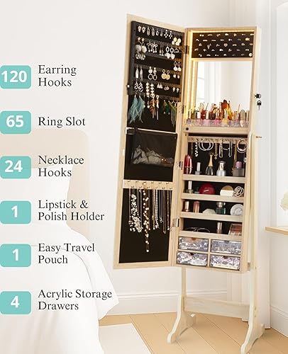 Miniatura 8 de LUXFURNI Armario de joyería con luz LED espejo de pie organizador de almacenamiento grande con cerradura con cajones blanco