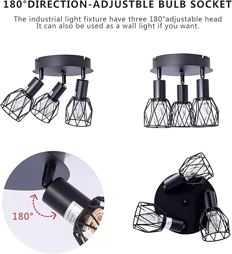 Miniatura 8 de Lámpara de techo industrial semiempotrada, 3 luces multidireccionales de techo, jaula de alambre de metal negro vintage, iluminación colgante para