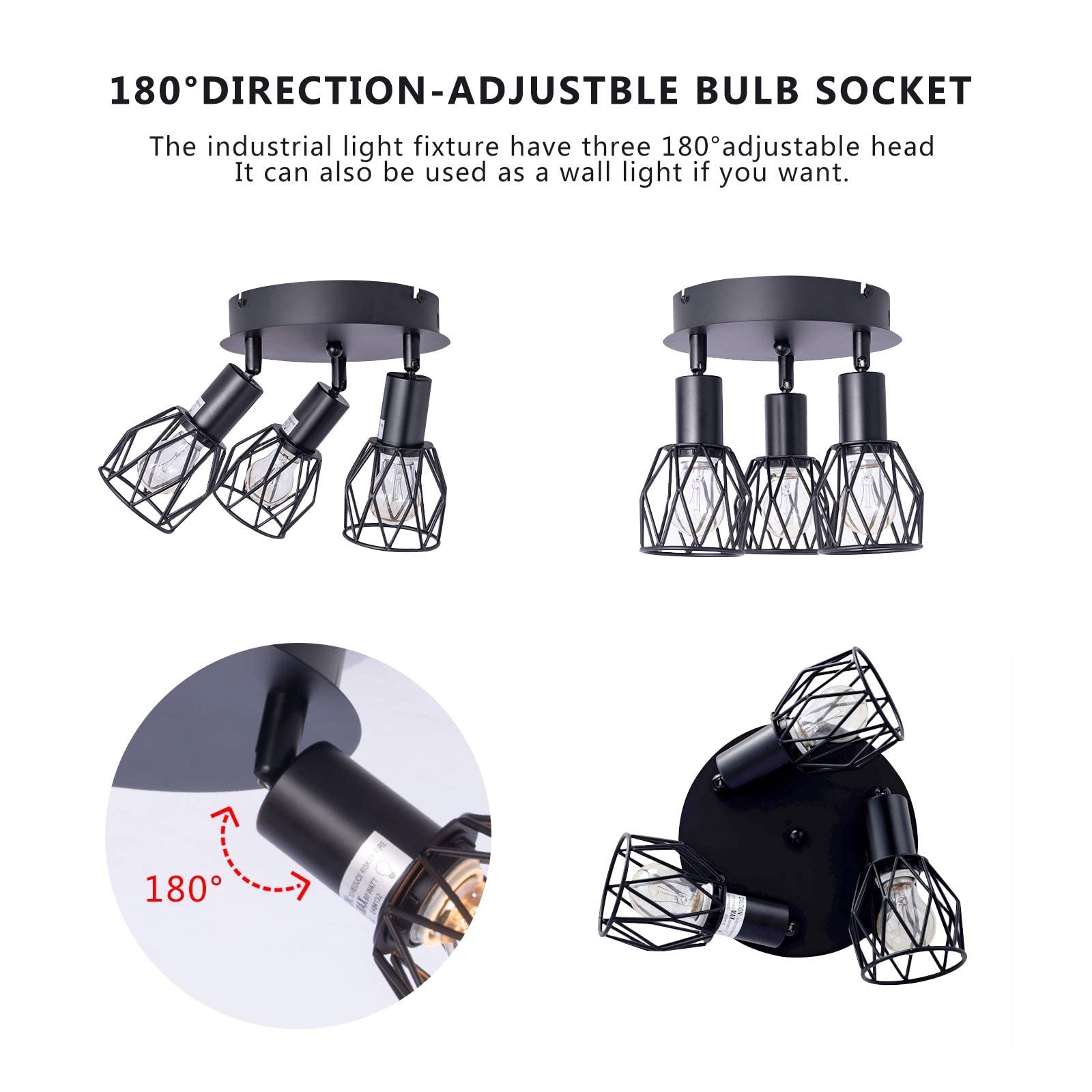 Industrial Semi Flush Mount Ceiling Light, 3-Light Multi-Directional Ceiling Light Fixtures, Vintage Black Metal Wire Cage Farmhouse Pendant Lighting for Kitchen Dining Room Hallway Foyer Bedroom E26