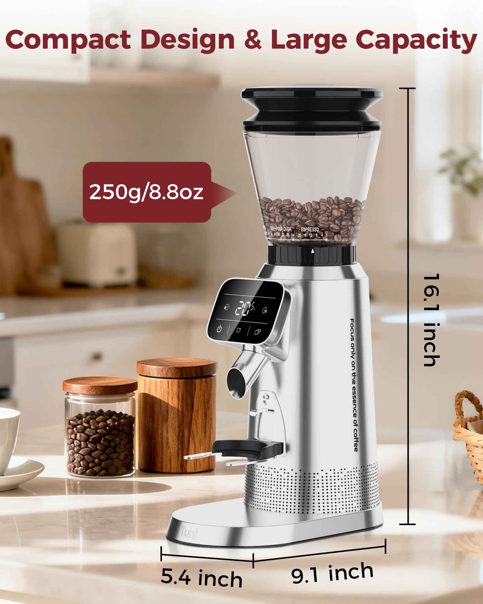 Tuni G2 Conical Burr Coffee Grinder, 70 Grind Settings, Stainless Steel | Electronic Anti-static Burr Grinder with Precision Timer LED Touchscreen for Espresso/Drip/Cold Brew/French Press, Silver