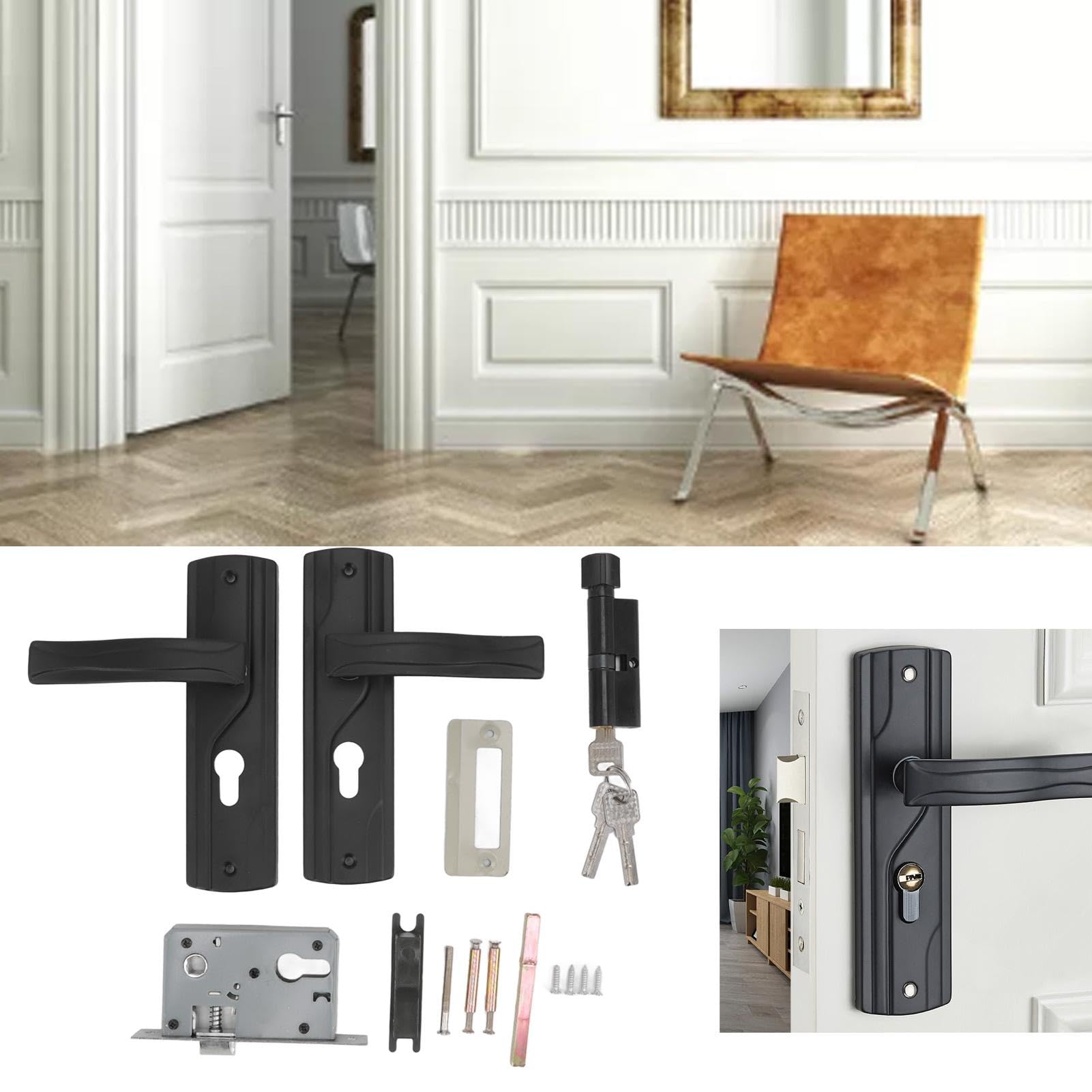 Nikou Cerradura de Manija de Puerta, Manilla Puerta Interior de Acero al Manganeso con Pestillo y Rodamiento Silencioso Universal con Llaves para el Hogar, Dormitorio, Color Negro