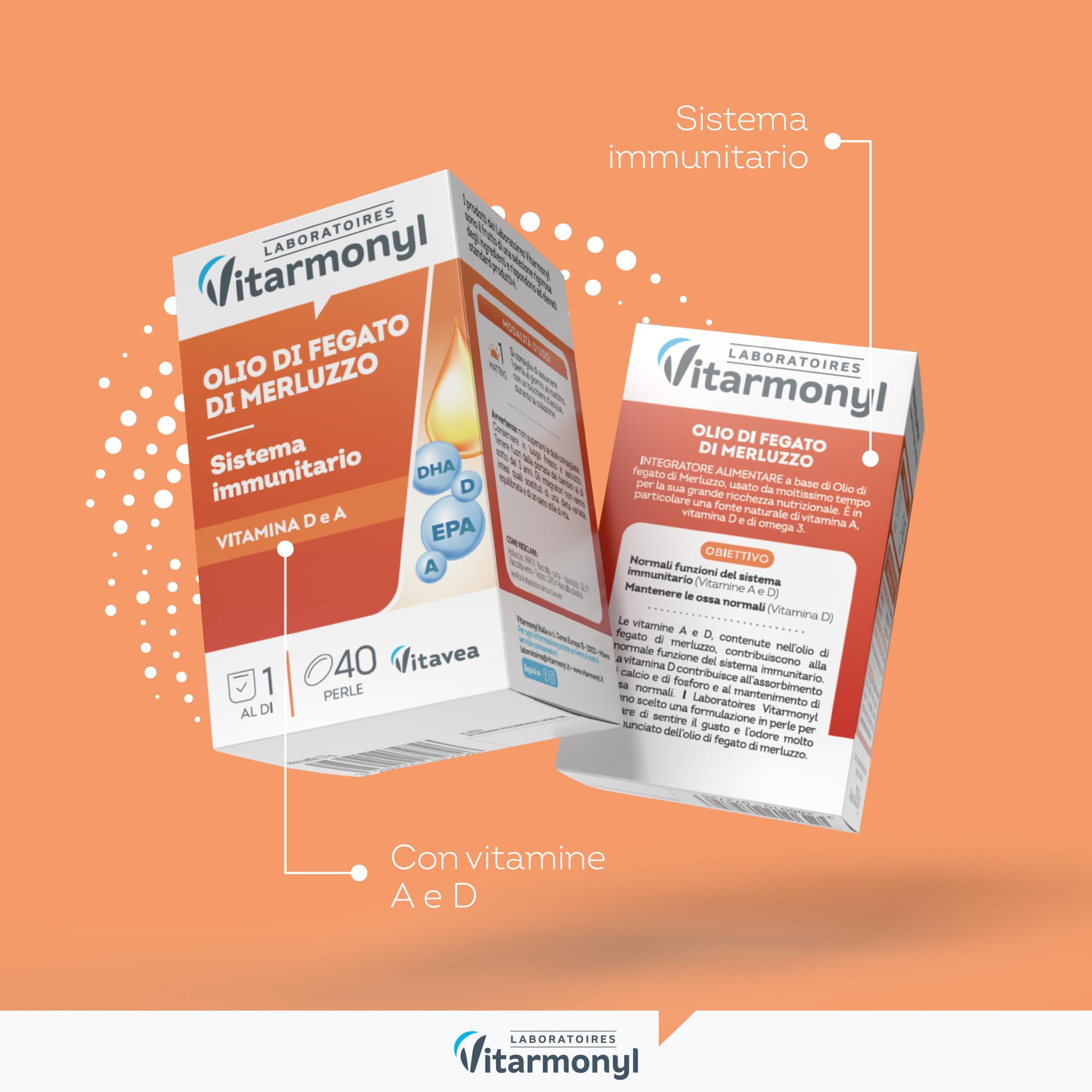 Olio di Fegato di Merluzzo - Ricco di Omega 3 - EPA e DHA - Sistema Immunitario - Salute delle Ossa - 560mg Olio di Pesce - Vitamina A e D - 40 Perle Marine - Vitarmonyl