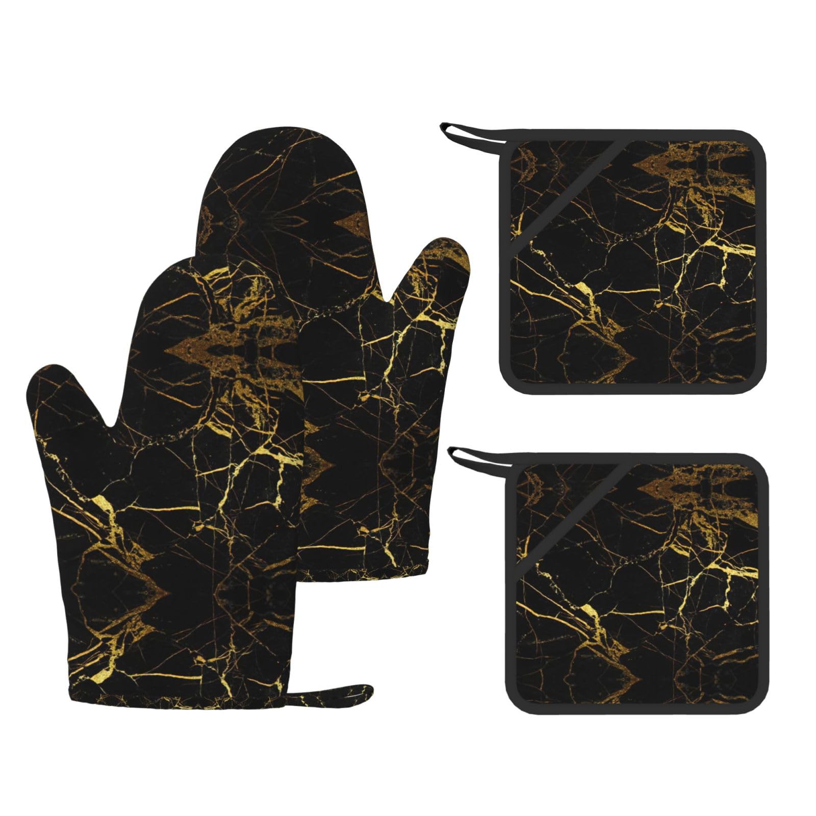 black and gold background Printed Potholder and Oven Mitt Set of 4, High Heat Resistant Cooking Gloves for BBQ Grilling
