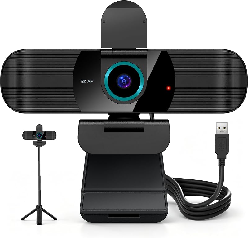 Pro QHD 2K/60fps Webcam with Tripod, External USB Camera for PC/Laptop | Dual noise-cancelling mics | Auto-focus | Wide-angle | Low-light correction | 360° rotation | CMOS sensor | Plug and Play