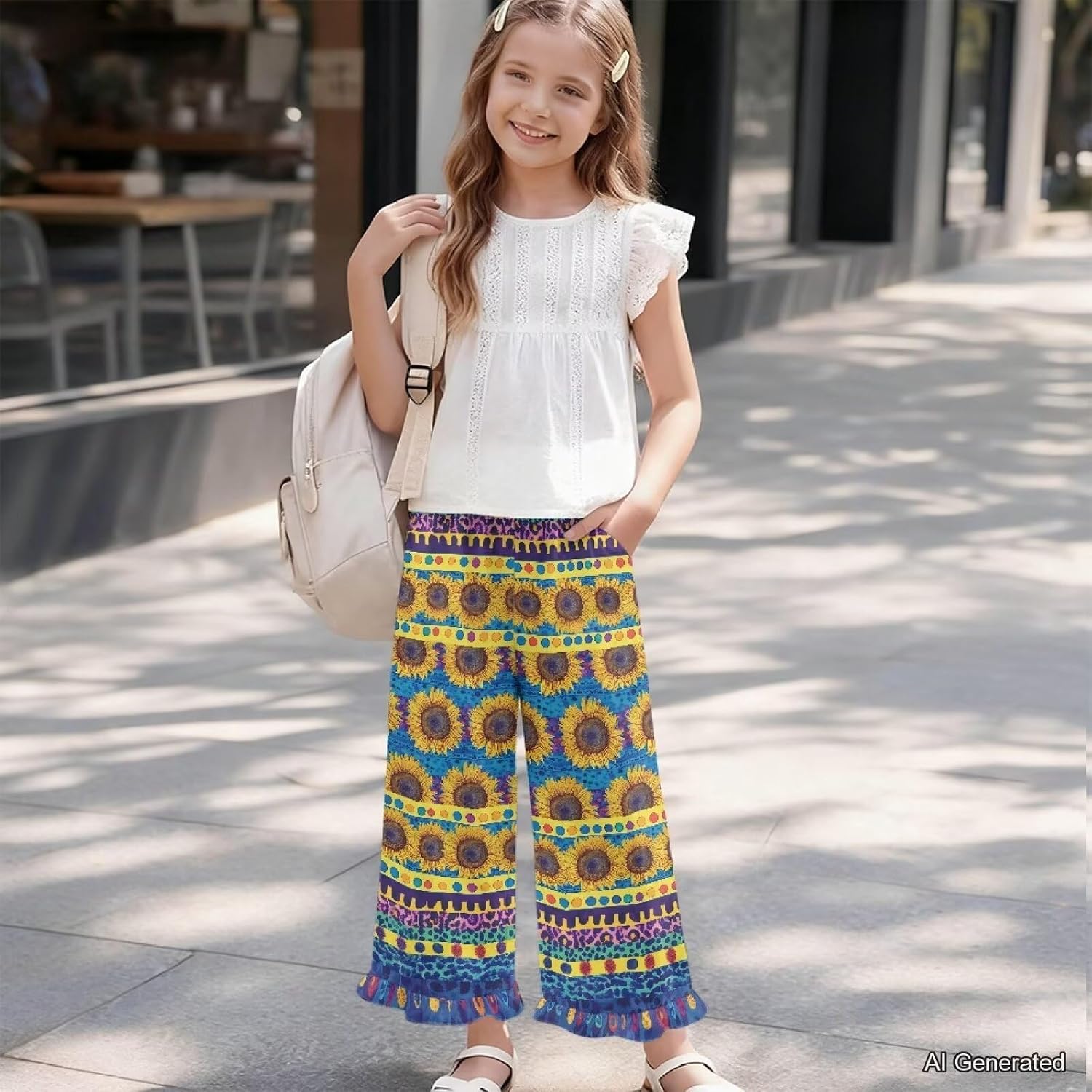 Wanyint Girls Wide Leg Pants with Ruffle High Waisted Loose Fit Summer Trousers Stylish Summer Outfits for 5-14 Years Kids