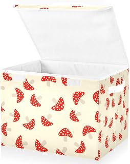 Storage Cube Bin with Lid White Spot Red Mushrooms Foldable Fabric Storage Bins 16.5x12.6x11.8 inches, Decorative Organizer Storage Boxes With Handles for Clothes Storage, Office
