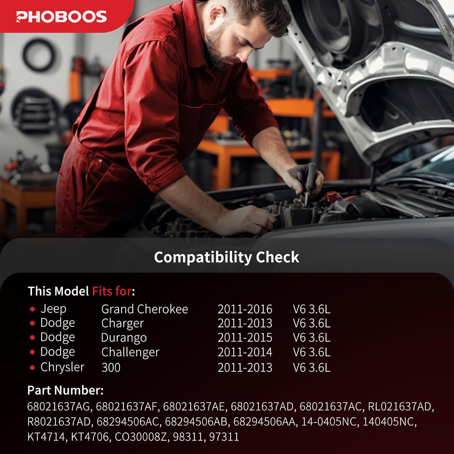 PHOBOOS A/C Compressor with Clutch Compatible with Jeep Grand Cherokee 2011-2016 & Dodge Durango/Challenger 2011-2015 & Chrysler 300 2011-2013, V6 3.6L, Fast Cooling, Ref. CO30008Z, 98311