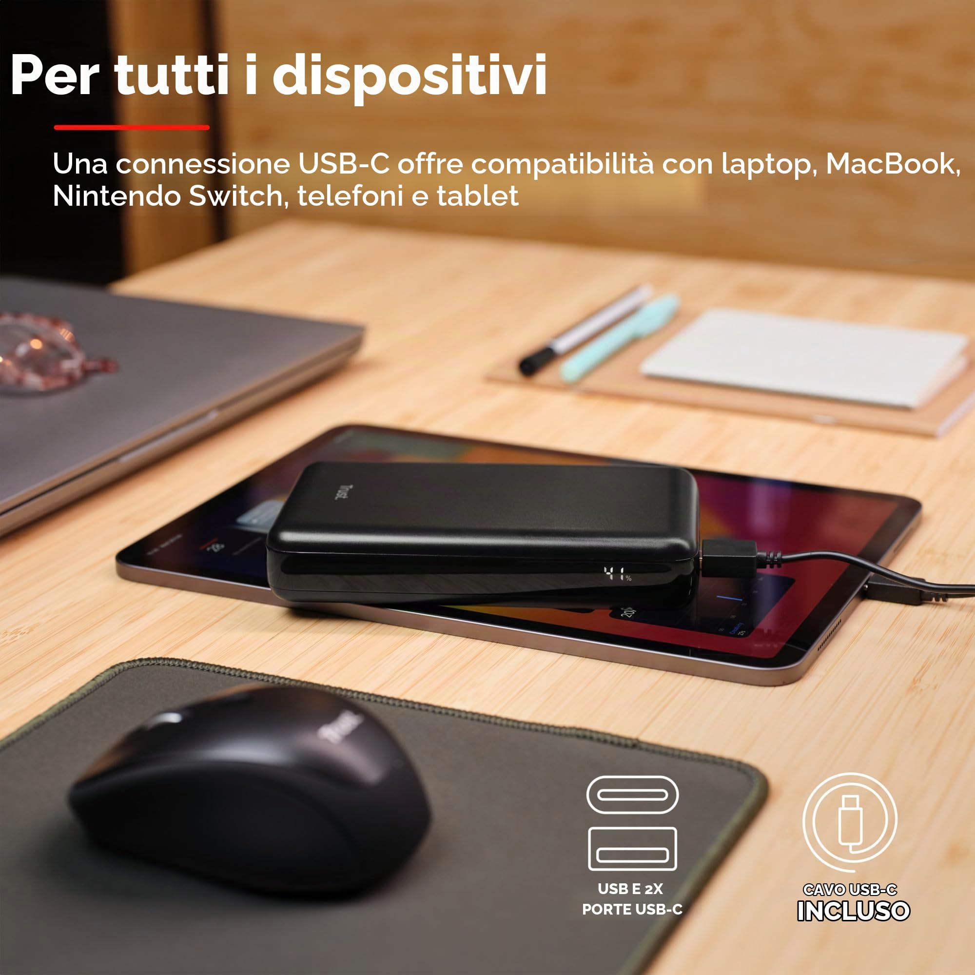 Trust Laro Power Bank 100W per Laptop Ricarica Rapida, Powerbank 20000mAh 2x USB-C 1x USB-A, Caricatore Portatile, Batteria Esterna Power Station Macbook iPad iPhone Steam Deck Dell Asus HP