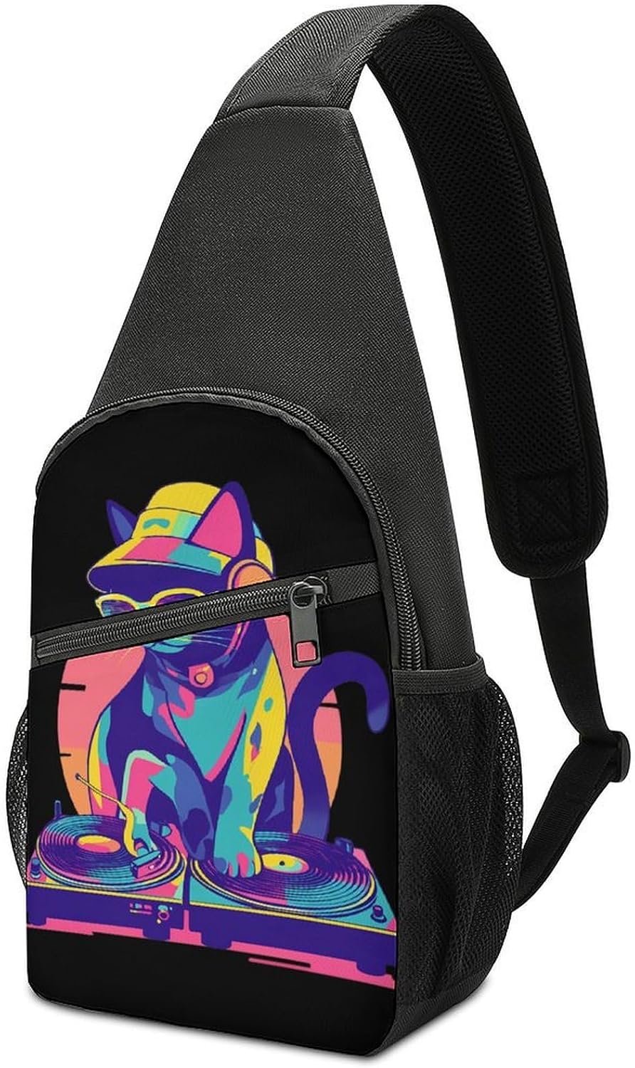 DJ Cat Vintage Neon Crossbody Sling Backpack Chest Bag Daypack | unisex,trendy,with convertible and detachable shoulder strap,side pockets