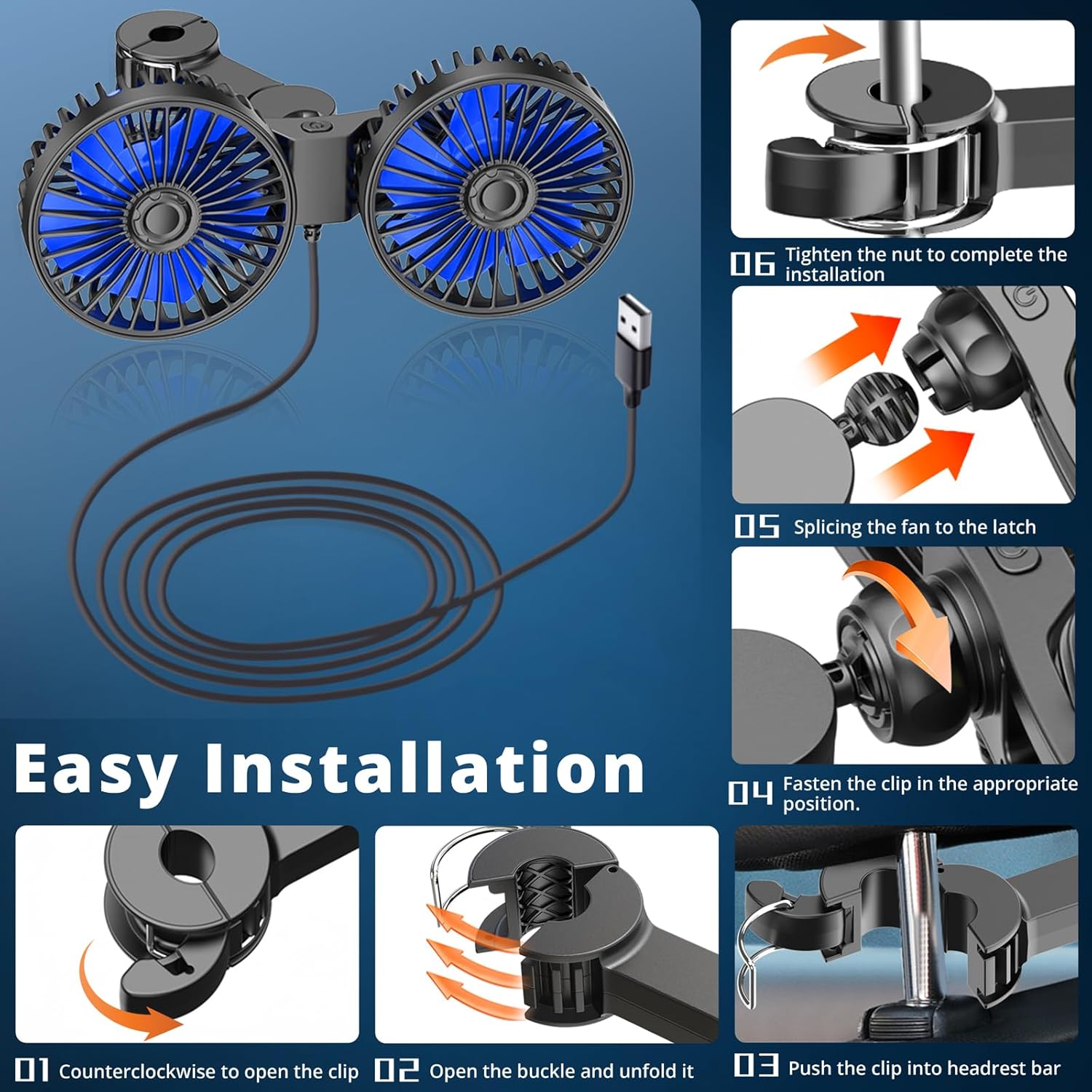 Car Fan for Backseat, Dual Head USB Vehicle Seat Fans, 3 Speeds Strong Wind 360° Rotatable Auto Rear Headrest Fan for Car, Air Circulation Automotive Fans with Adjustable Clip for All Models
