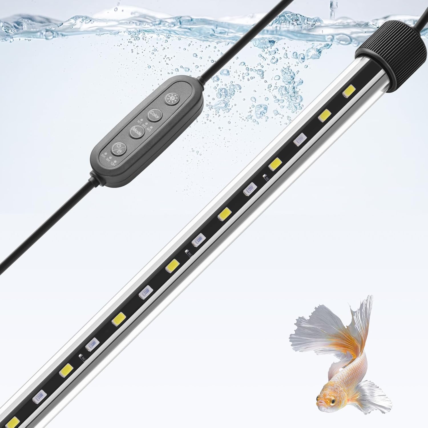 Dirvin 10W LED Fish Tank Light with Timer, Submersible Aquarium Light, 24/7 Mode Sunrise-Daylight-Moonlight and 3 Colors Adjustable Brightness, Auto On/Off, 18.9in