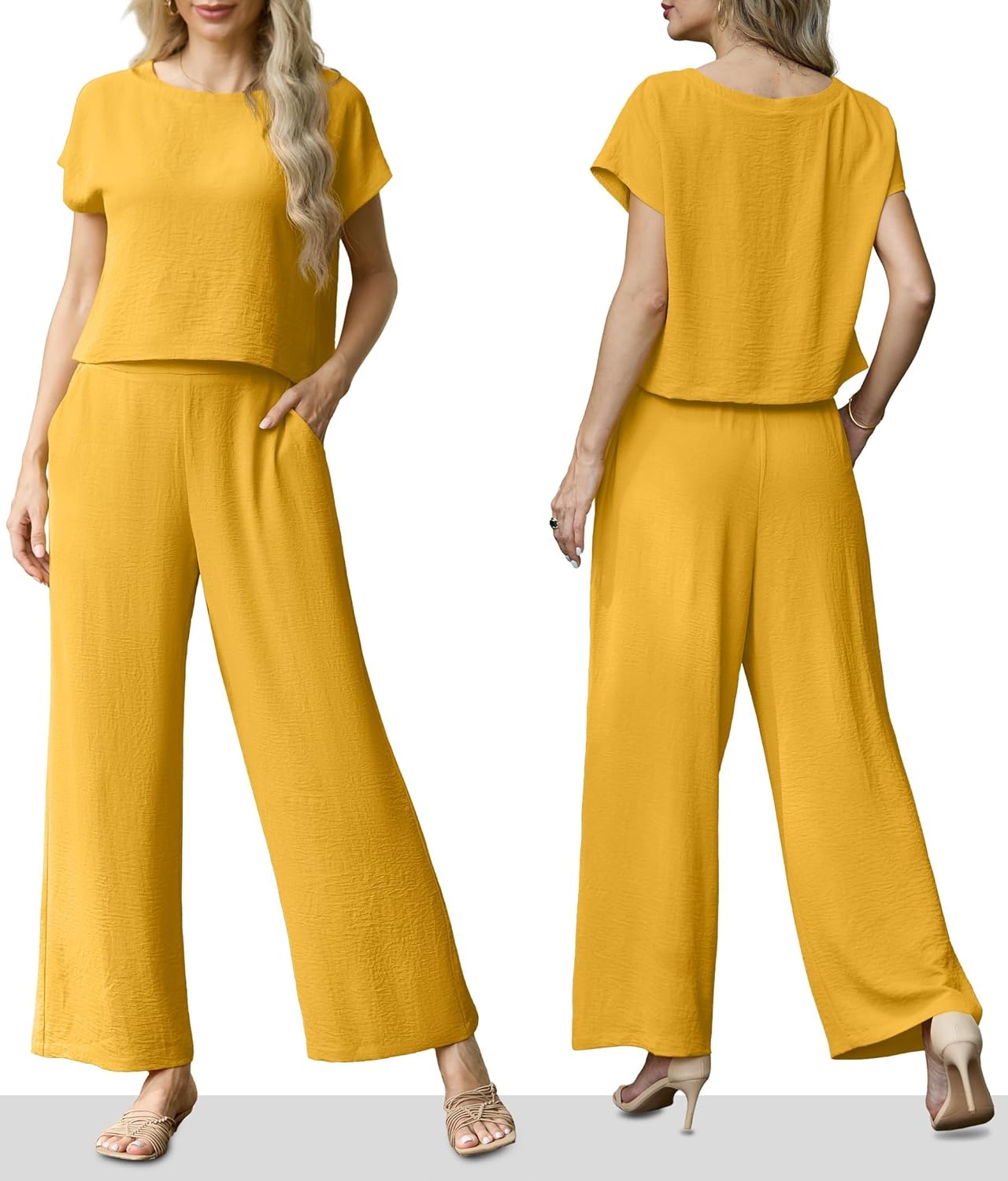 Lepunuo 2 Piece Sets for Women Summer Cap Sleeve Crop Top Wide Leg Pants Matching Lounge Set Vacation Beach Travel Outfits - Image 4