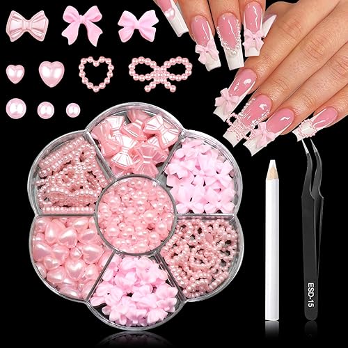 RODAKY Dijes para uñas de lazo rosa 3D, dijes de arte de uñas, múltiples estilos, resina de corazón, gemas de uñas con parte trasera plana, cuentas