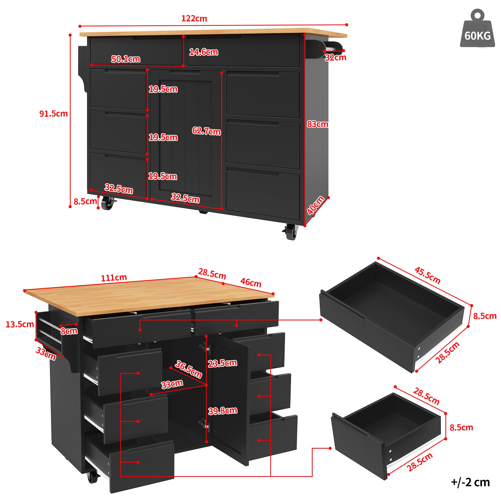 Kücheninsel, Moderne Küchenschrank, Ausziehbarer Küchenwagen mit Rollen und Arbeitsplatte, Servierwagen mit Gewürzregal und 8 Schubladen (Schwarz)
