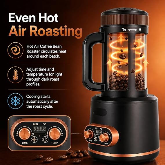 Coffee Roaster Machine, 300g, Hot Air Roasting, Auto Cooling