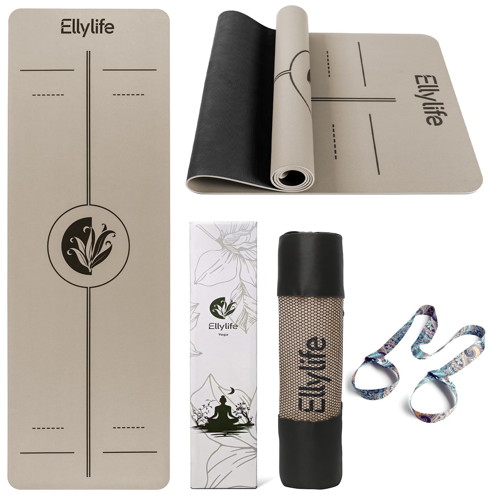 Ellylife Tappetino Yoga,Extra Spesso Yoga Mat, Antiscivolo in Gomma Naturale e Eco TPE con Cinghia,Resistente agli Strappi, per Yoga, Pilates e Fitness a Casa