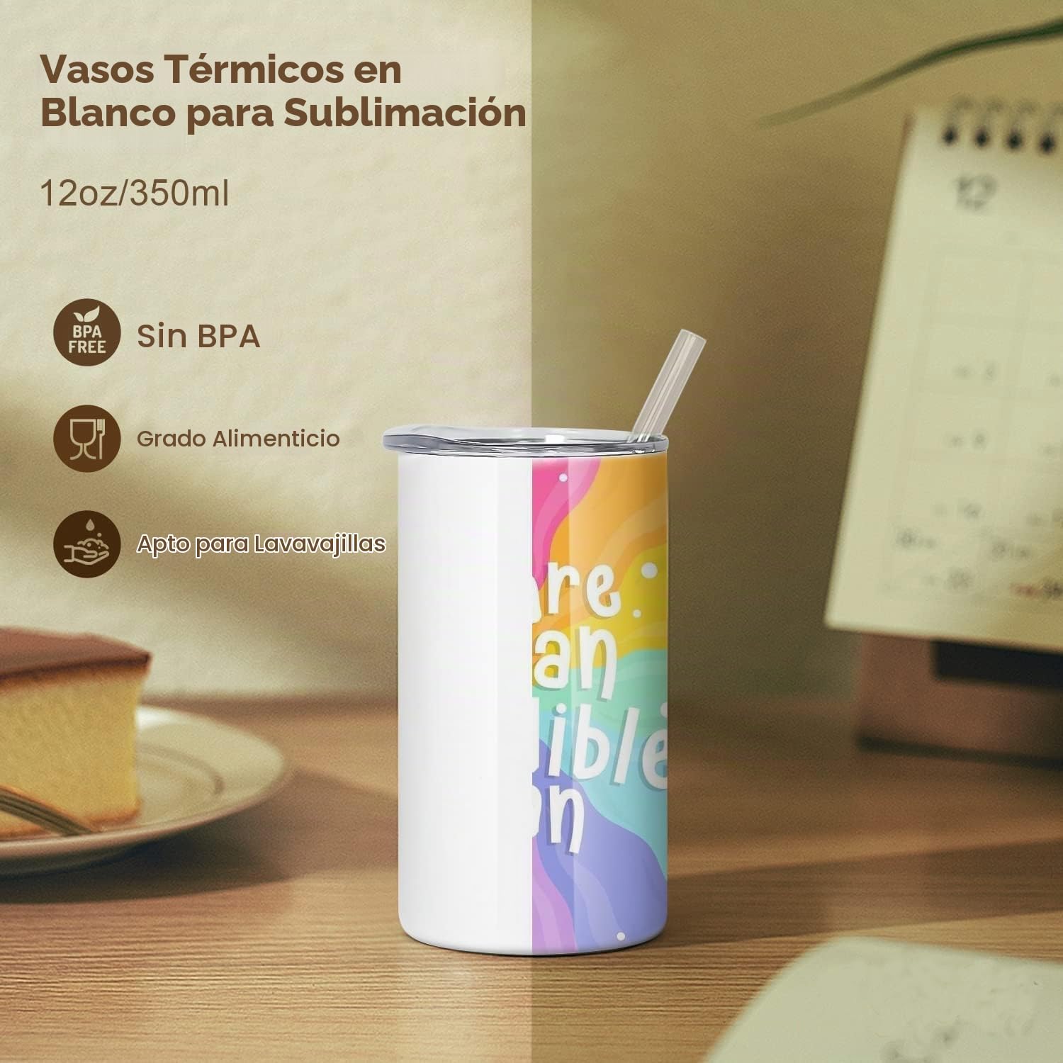 sweet grain Vasos de sublimación rectos de acero inoxidable de 12 onzas con doble pared al vacío, paquete de 6 vasos blancos de sublimación para niños con tapas y popotes para regalo de bricolaje,