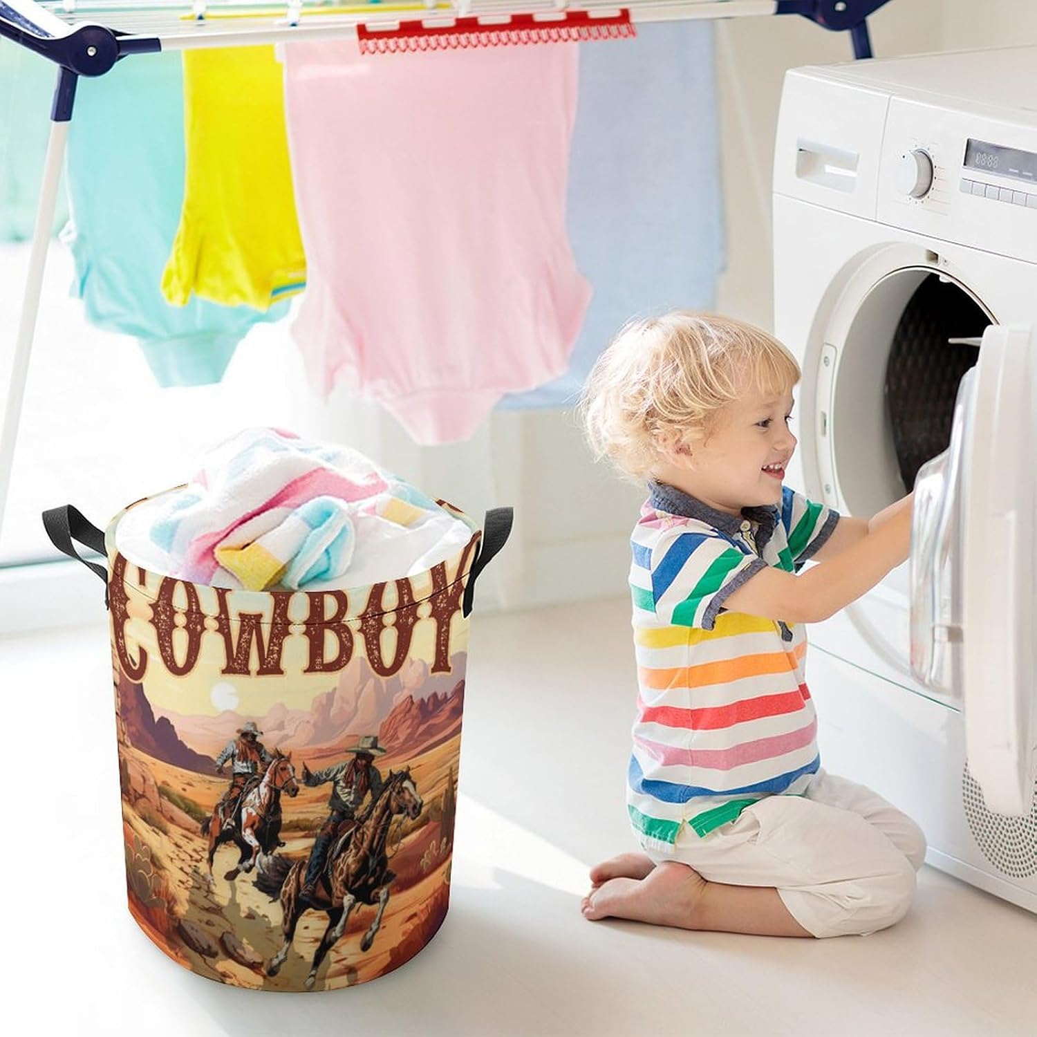 Brebasf Rustic Western Cowboy Horse Freestanding Laundry Hamper,Vintage Wild West Country Farmhouse Cactus Drawstring Portable Large Volume Laundry Basket-13.8W X13.8L X17.3H IN