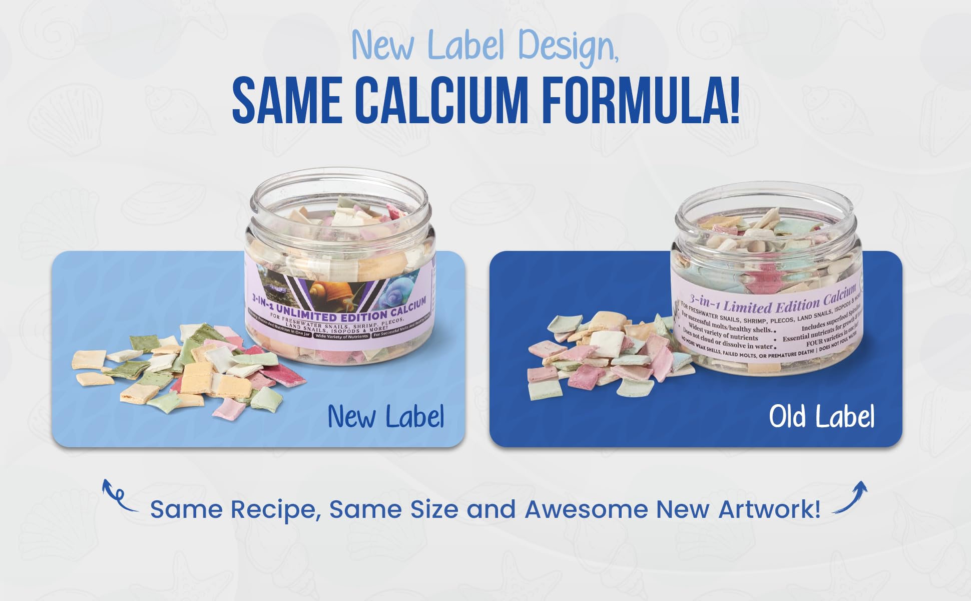 Unlimited Edition Calcium – 3 Geschmacksrichtungen in 1 Glas, für starke Muscheln, gesunde Häutungen, 100% natürlich, löst sich nicht in Wasser, schnell sinkend für Garnelen, Schnecken