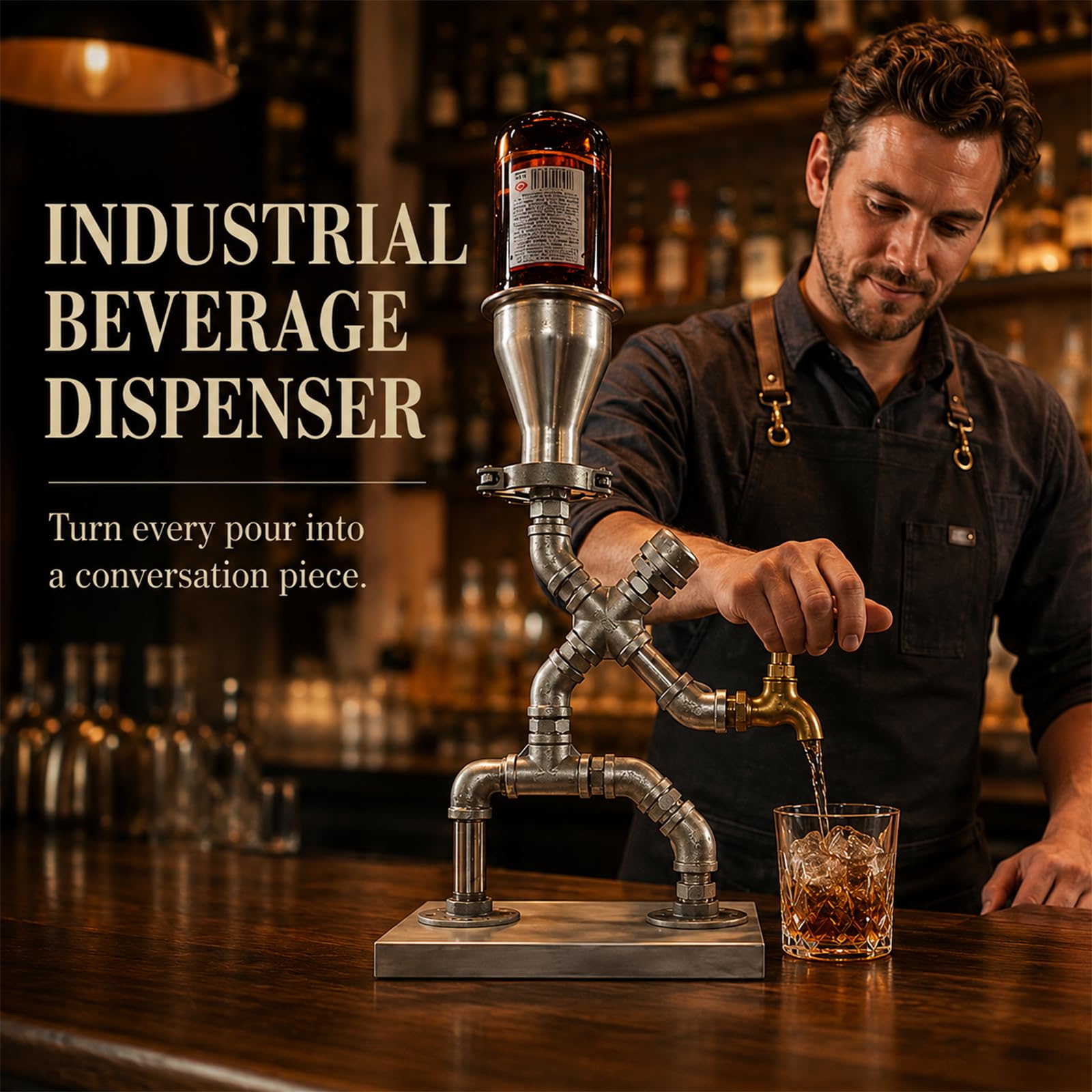 Dispensador de Bebidas Estilo Industrial de Tubo Metal y Latón | diseño industrial, grifo latón, base estable, estilo retro, idea regalo(silver)