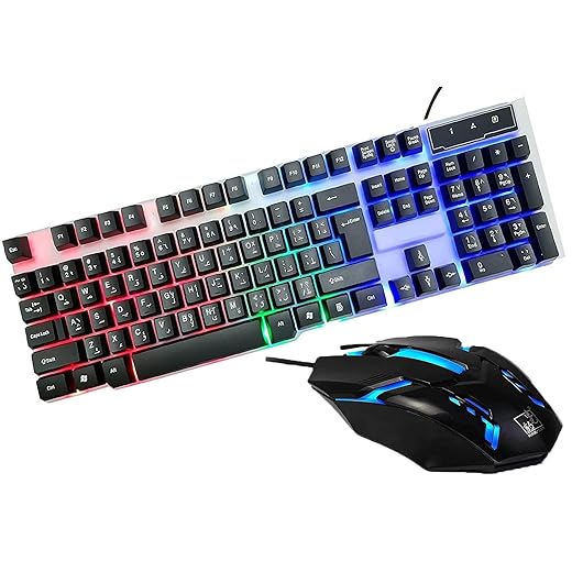 Illuminated Keyboard and Mouse Set 7 Colors Gaming LED Wired Multi Media Arabic English Keys
