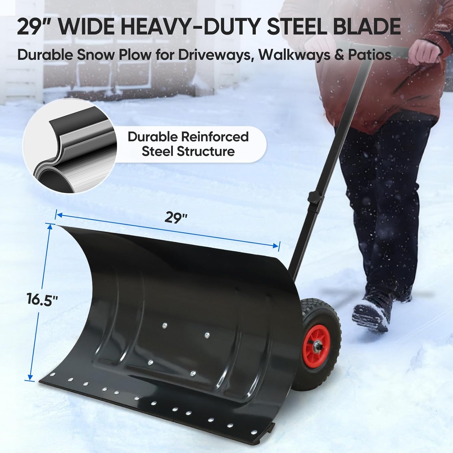 EAGLE PEAK Wheeled Snow Shovel 29-inch Wide Heavy-Duty Steel Blade