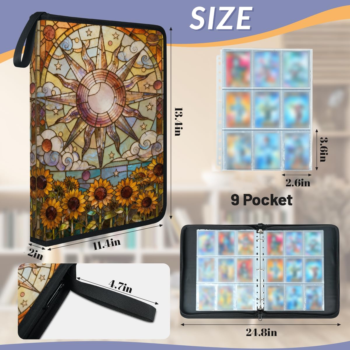 9-kieszeniowy segregator na karty kolekcjonerskie mieści 900 kart z 50 zdejmowanymi dwustronnymi rękawami, album na karty sportowe, kompatybilny z kartami do gier TCG MTG (szkło słonecznikowe)