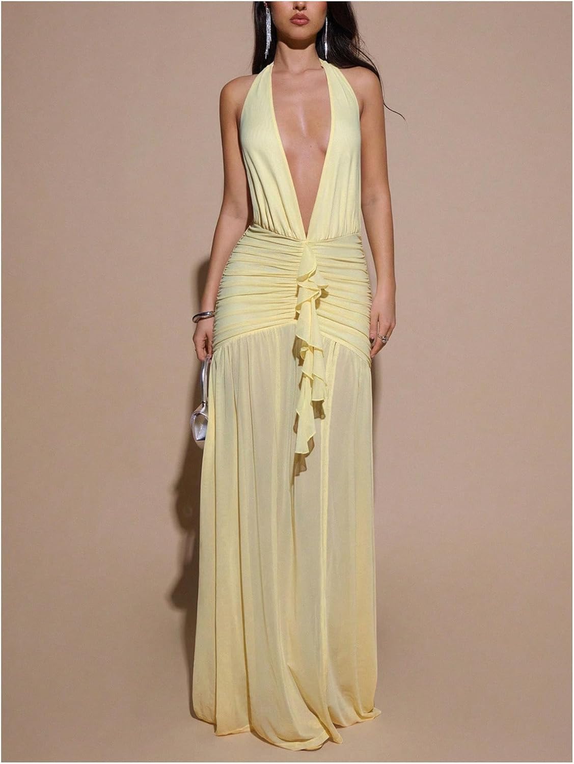 SHENHE Women's Sexy Halter Deep V Maxi Dress Open Back High Slit Ruched Ruffle Party Cocktail Dress