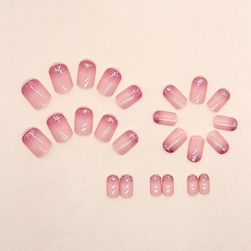 Miniatura 4 de Uñas postizas cuadradas a presión, uñas postizas cortas de color rosa degradado, con diseño de purpurina rosa, lindo cobertura completa, uñas