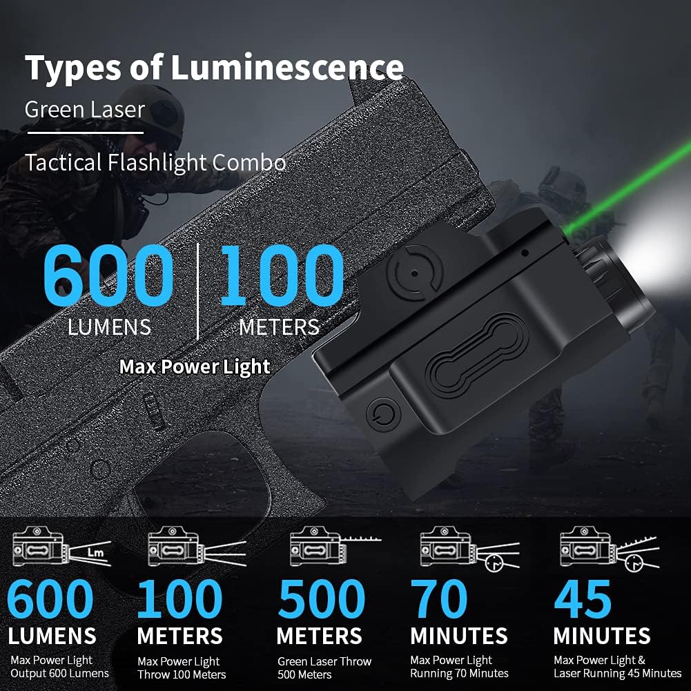 Oueand Pistol Light Laser Light 600 Lumens Tactical Flashlights with Green Laser and White LED Picatinny Rail Mount Laser Sight USB Rechargeable Battery Rifle Light for Pistols : Sports & Outdoors